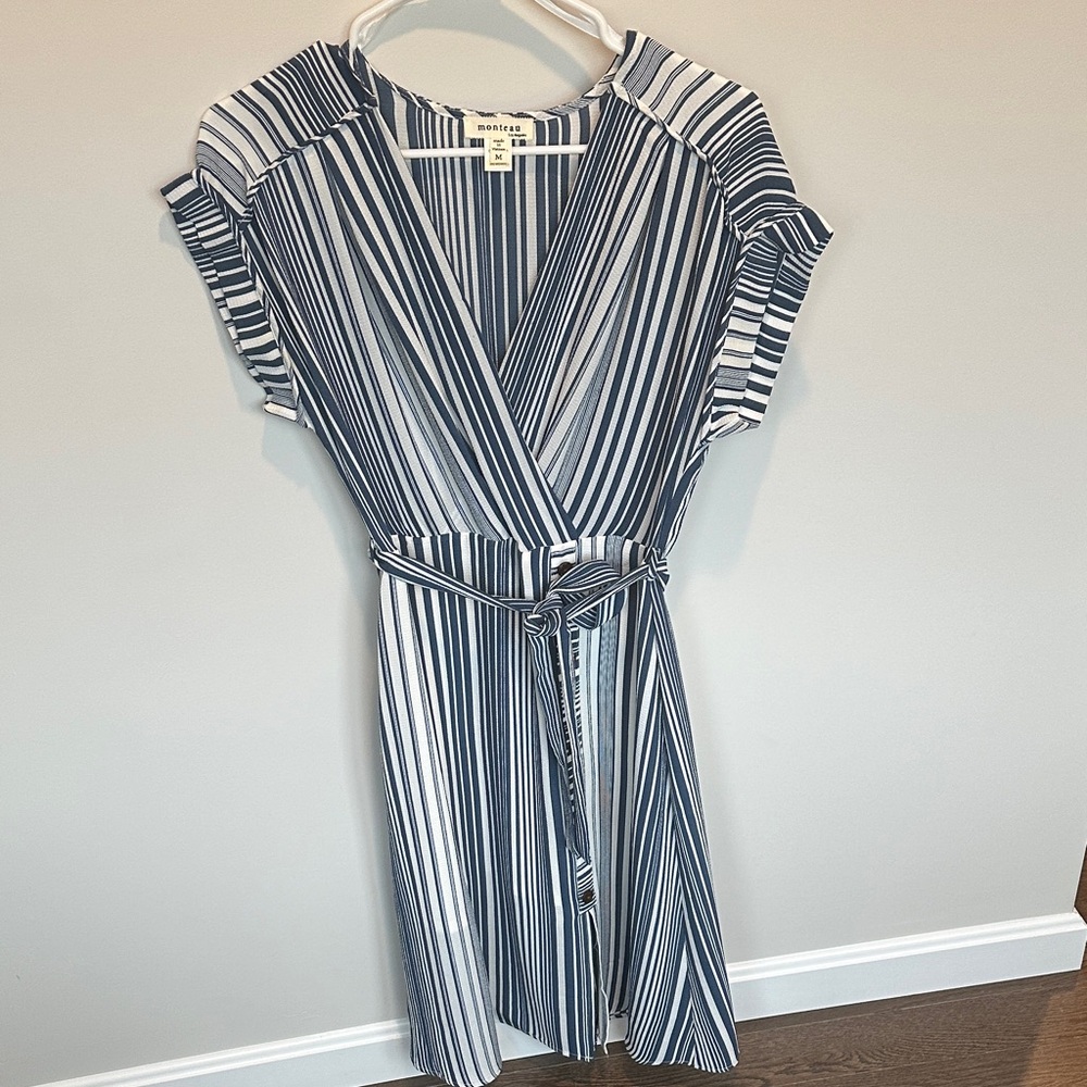 Monteau Navy and White Striped Midi Dress